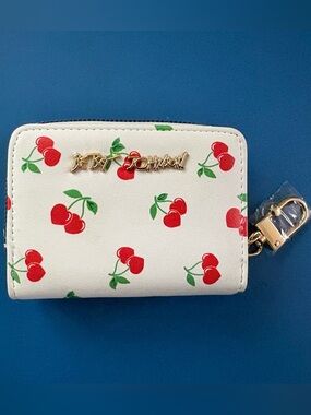 New Betsey Johnson Cherry Prints Zip Around White Wallet with Keychain